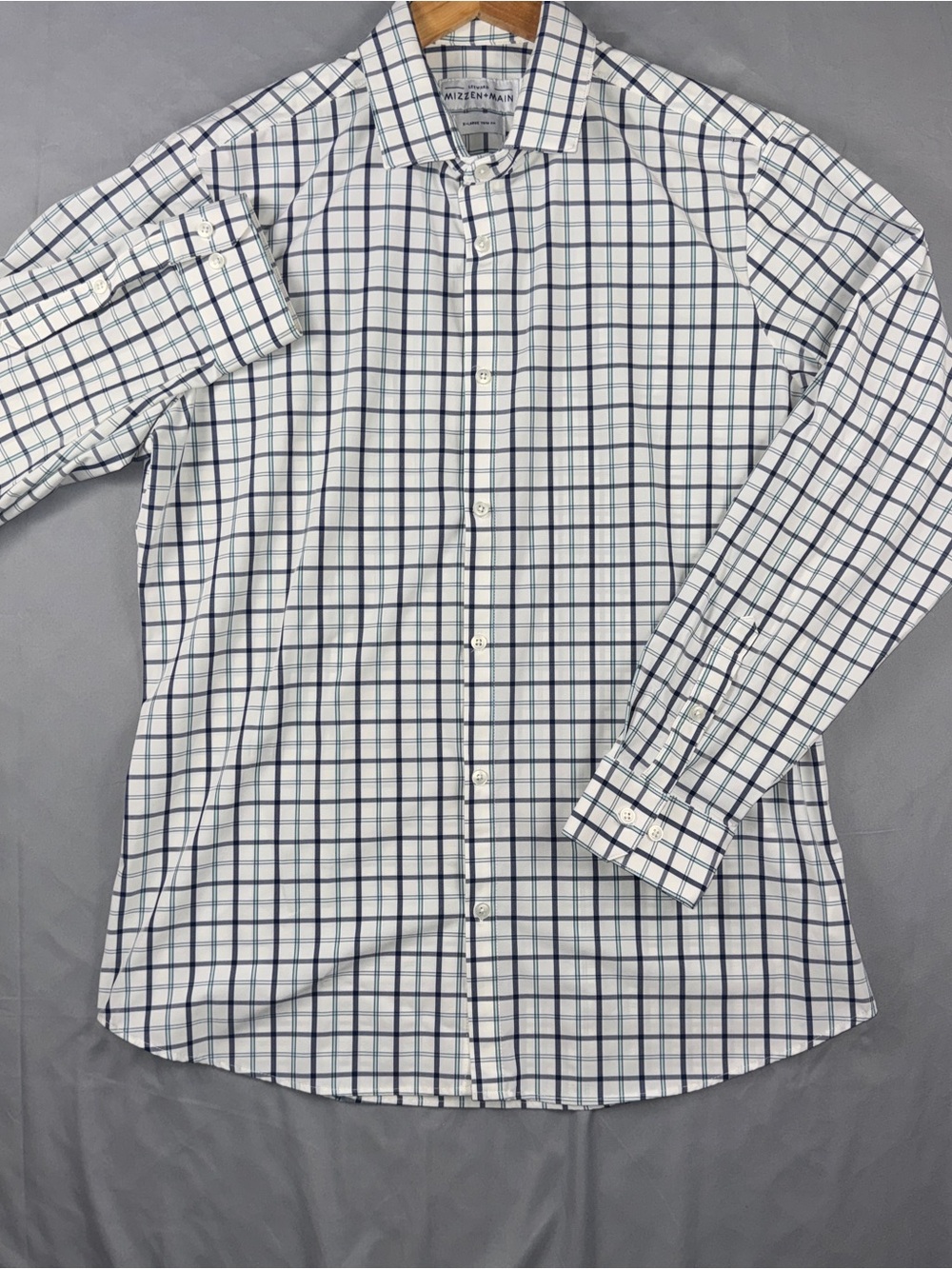 Mizzen+Main Shirt Mens XL 34/35 White Blue Check Leeward Trim Fit Dress Stretch